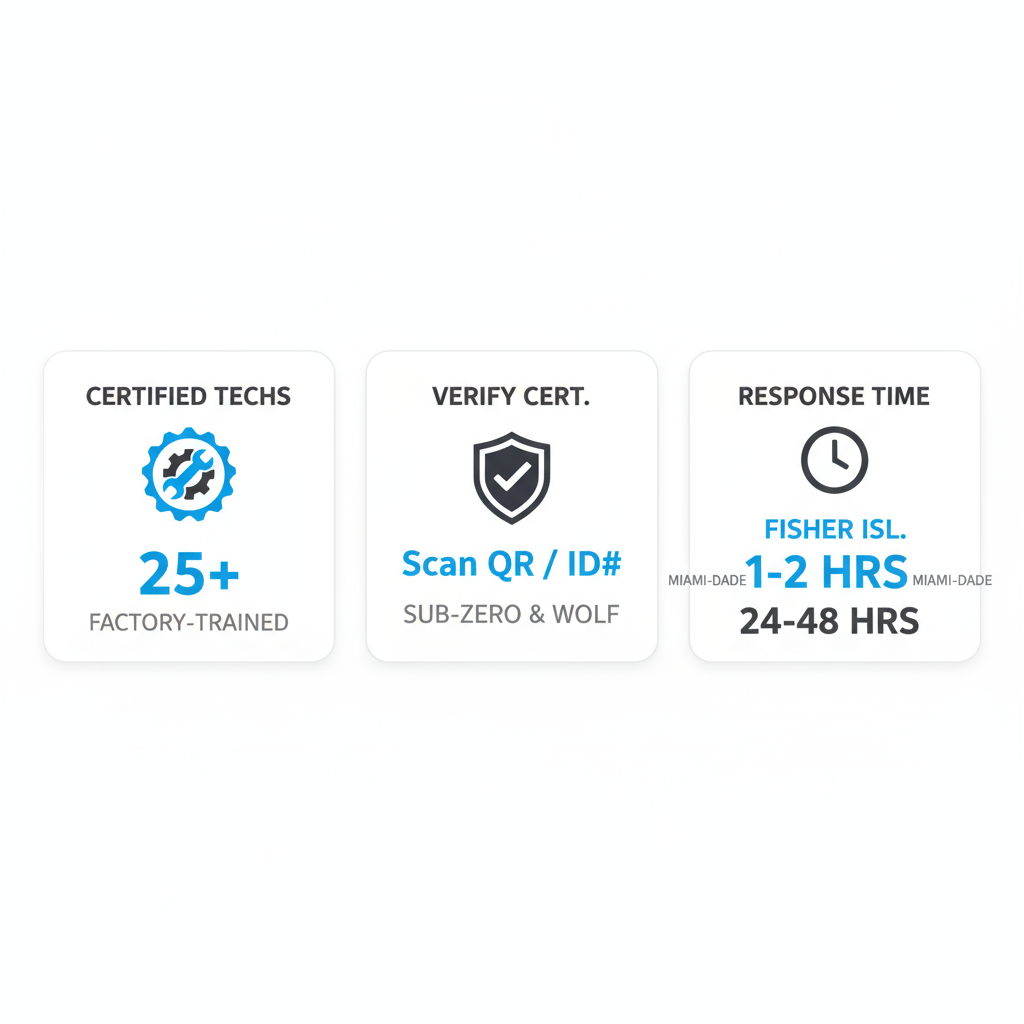 Infographic showing key information about certified appliance technicians including credentials, verification process, and local response times for Fisher Island.
