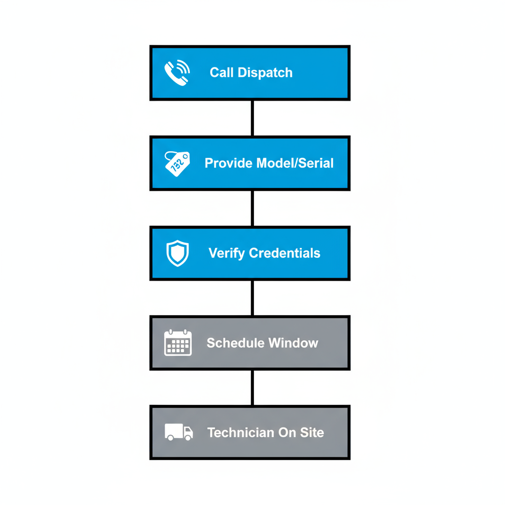 Vertical process flow showing five steps for same-day appliance repair booking: Call Dispatch, Provide Model/Serial, Verify Credentials, Schedule Window, Technician On Site.