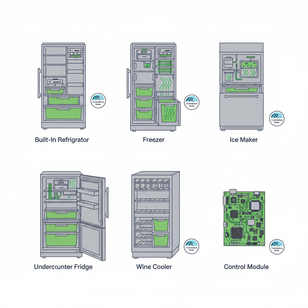 Icon set of six Sub-Zero appliances serviced, including refrigerator, freezer, and wine cooler, with coastal corrosion notes.