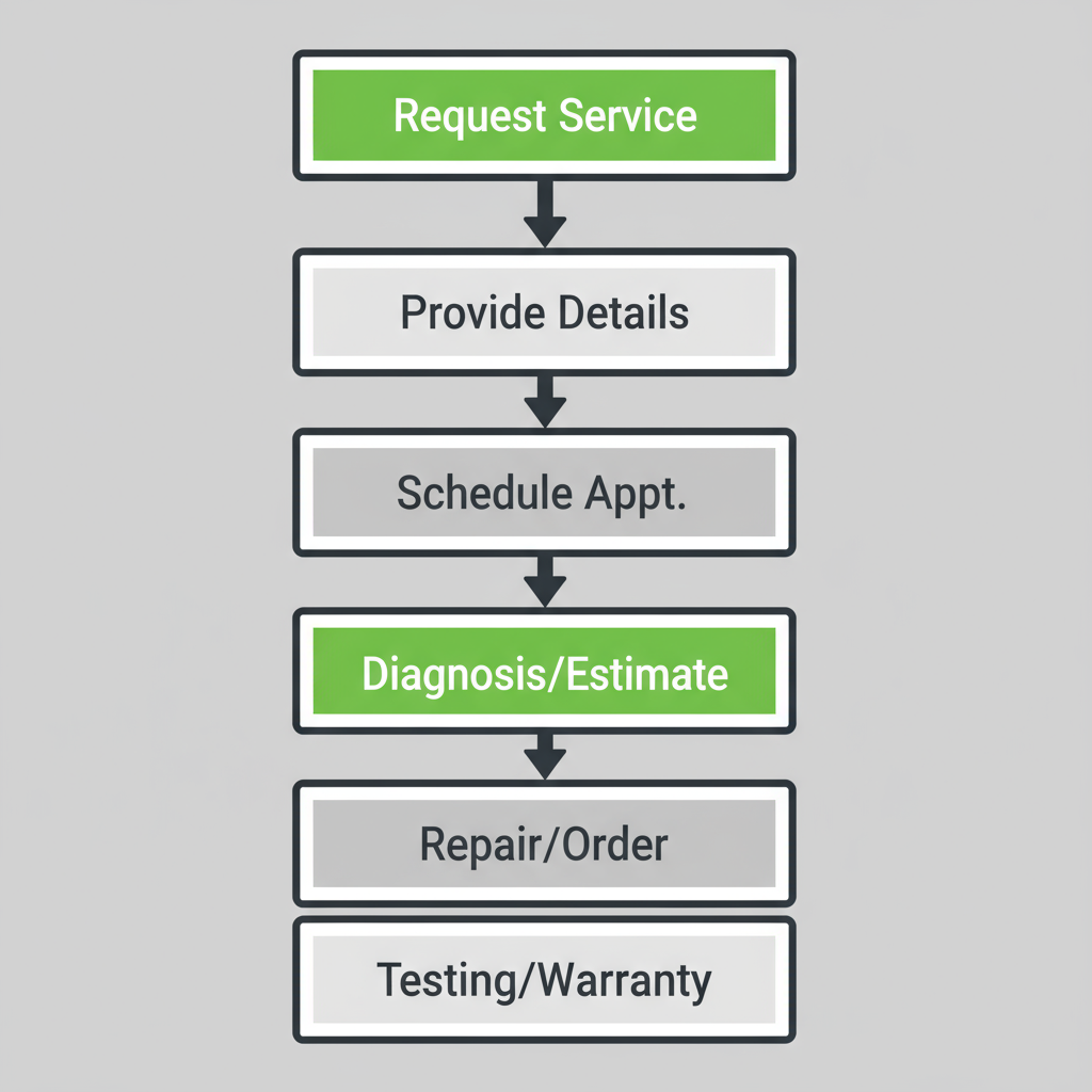 Vertical process flow illustrating the 7 steps to request and complete an appliance repair service from Wolf Appliance Repair Pros.