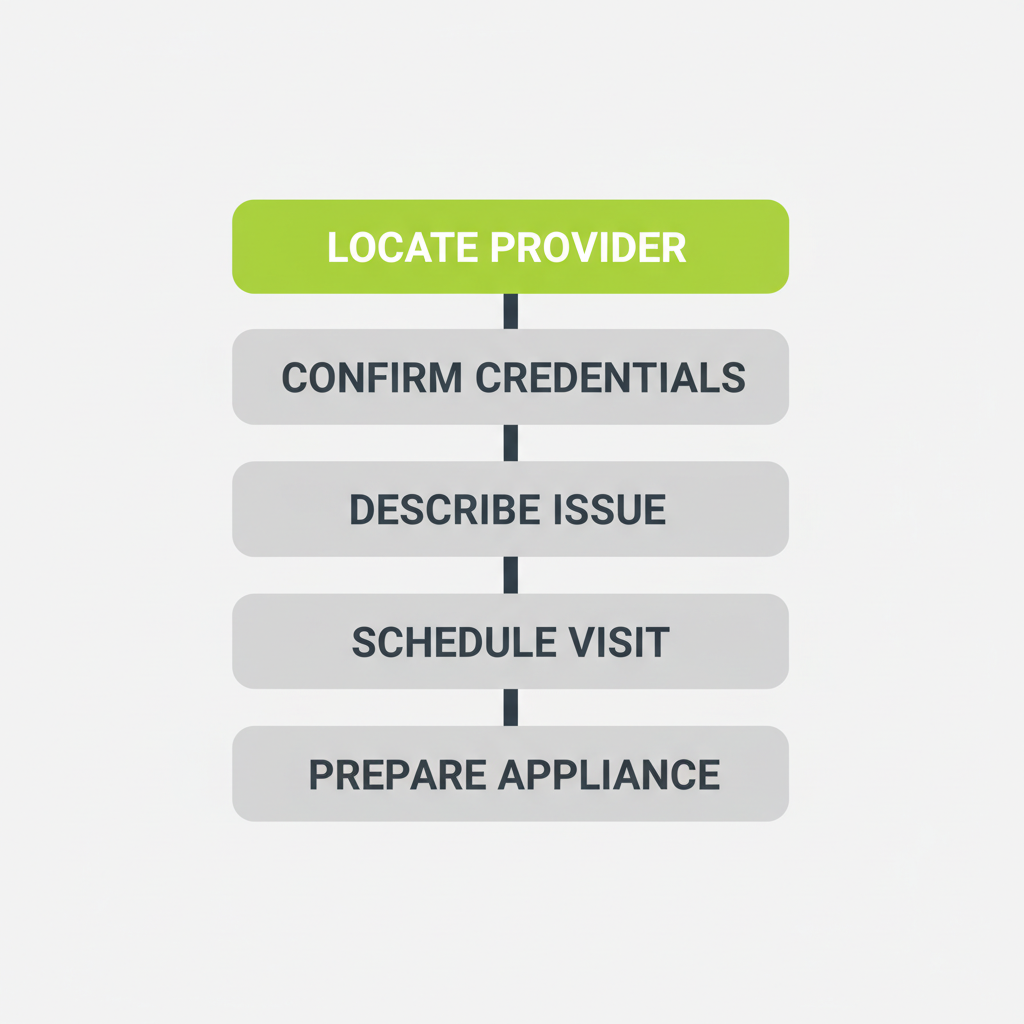 Five-step vertical process flow illustrating how to book a factory-certified appliance repair service, from locating a provider to preparing for the visit.
