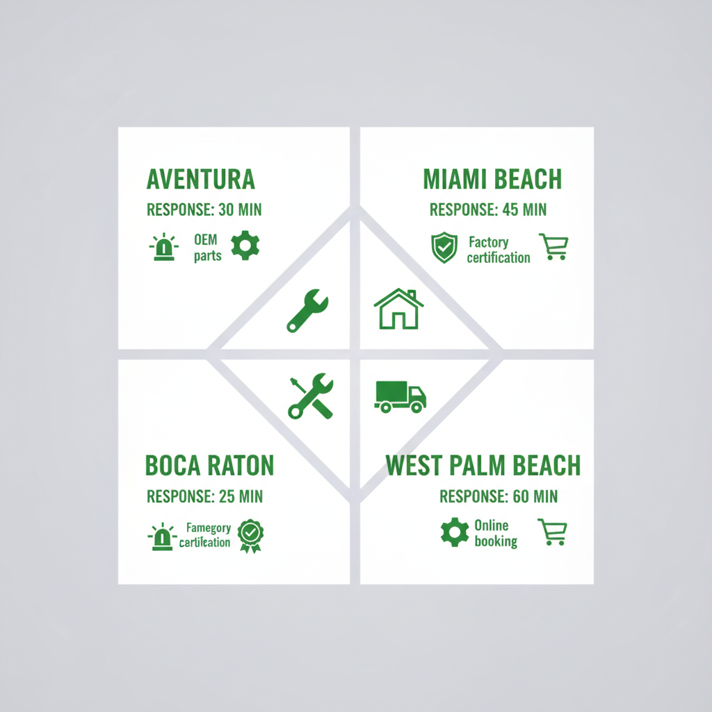 Infographic showing service coverage areas for Wolf Appliance Repair Pros, including Aventura, Miami Beach, Boca Raton, and West Palm Beach, with icons for emergency service, OEM parts, factory certification, and online booking.