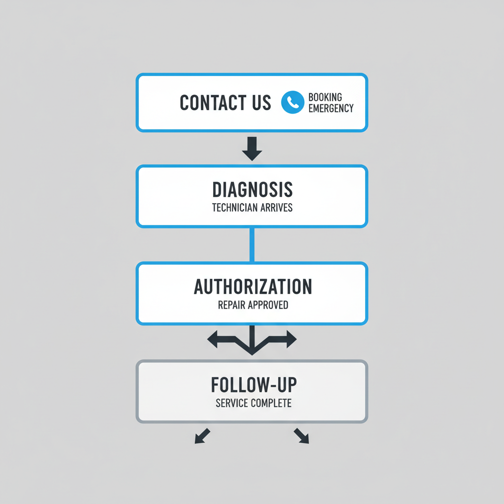 Four-step vertical process flow showing Wolf Appliance Repair Pros' booking and emergency service process.