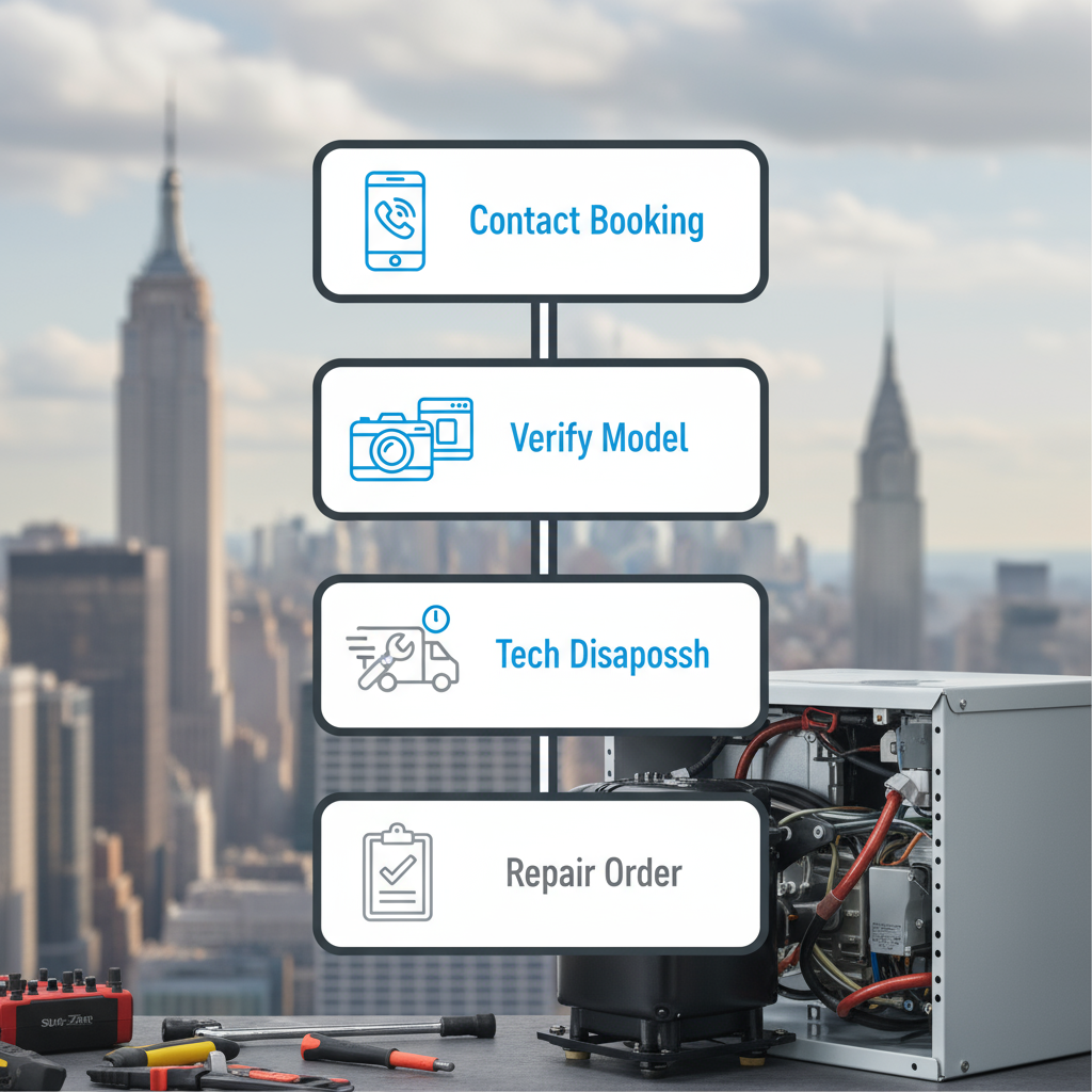 Vertical process flow illustrating 5 steps for Sub-Zero appliance repair service, from contact to follow-up.