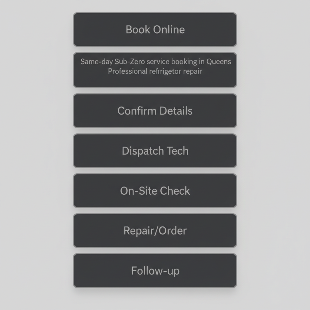 Vertical process flow depicting the six steps for same-day Sub-Zero appliance repair service booking in Queens