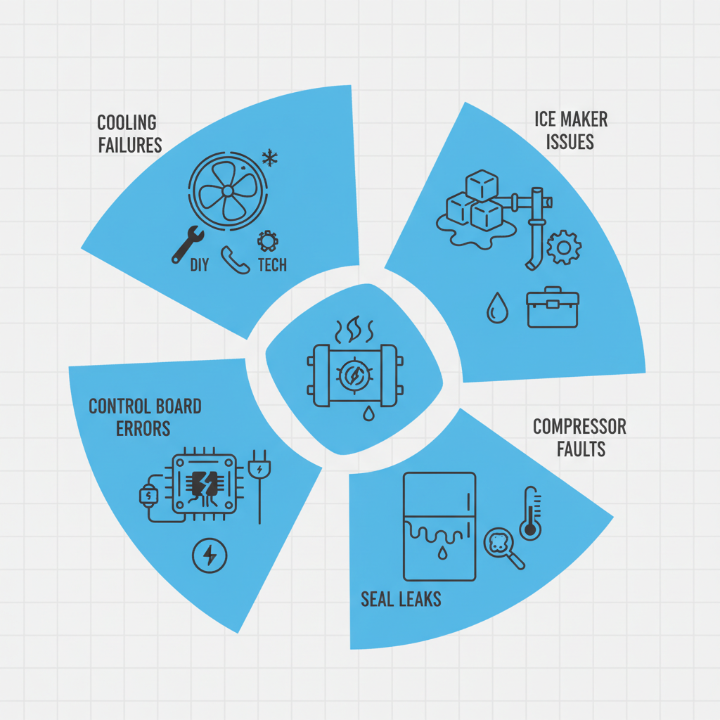 Data visualization showing the frequency of common Sub-Zero refrigerator problems in Queens, including cooling, ice maker, compressor, seal, and control board issues, with advice for DIY checks and when to call a technician.