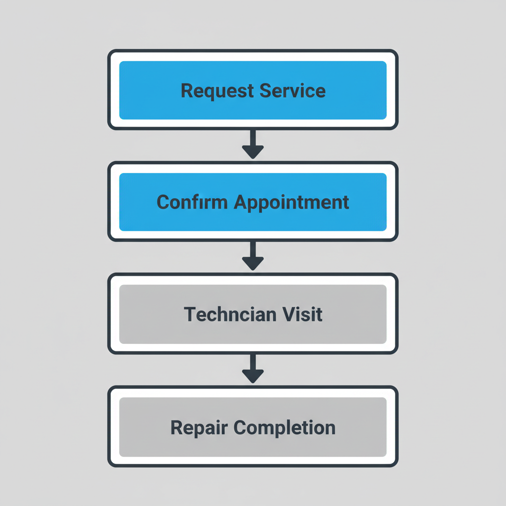 Four-step vertical process flow showing how to book a Wolf appliance repair service, from requesting service to repair completion.
