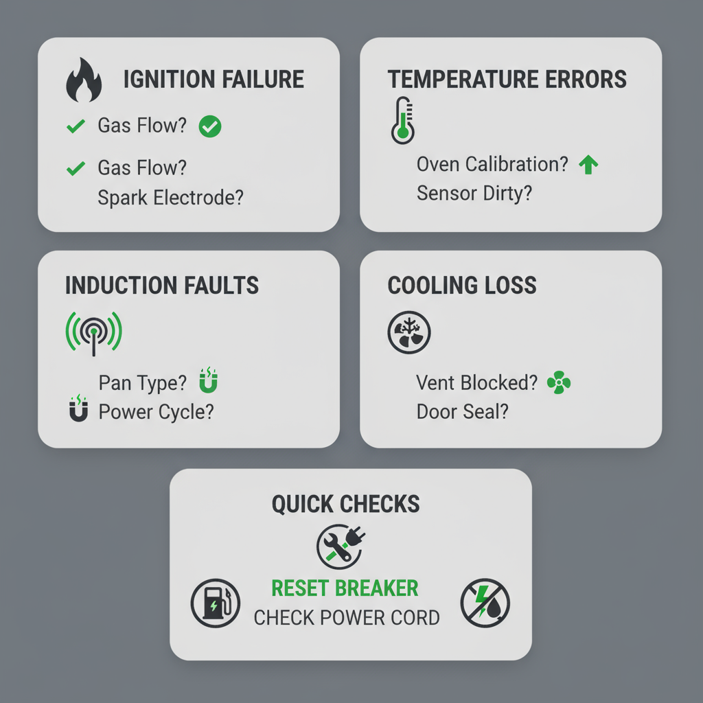 Infographic displaying common Wolf appliance issues like ignition failures and cooling loss, along with simple homeowner triage tips illustrated with icons.