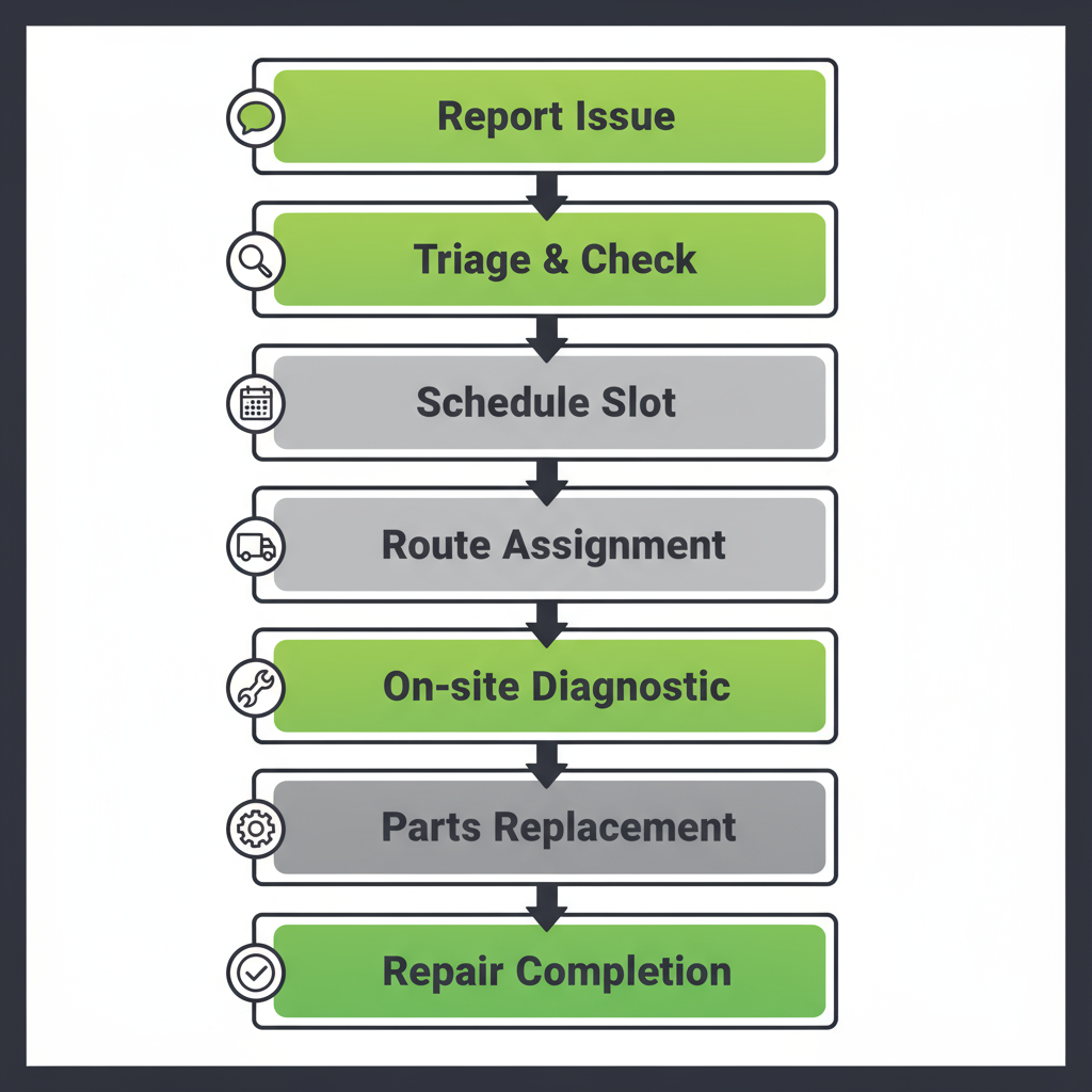 Vertical process flow illustrating the seamless customer journey from reporting a Sub-Zero appliance issue to its complete repair and warranty registration.