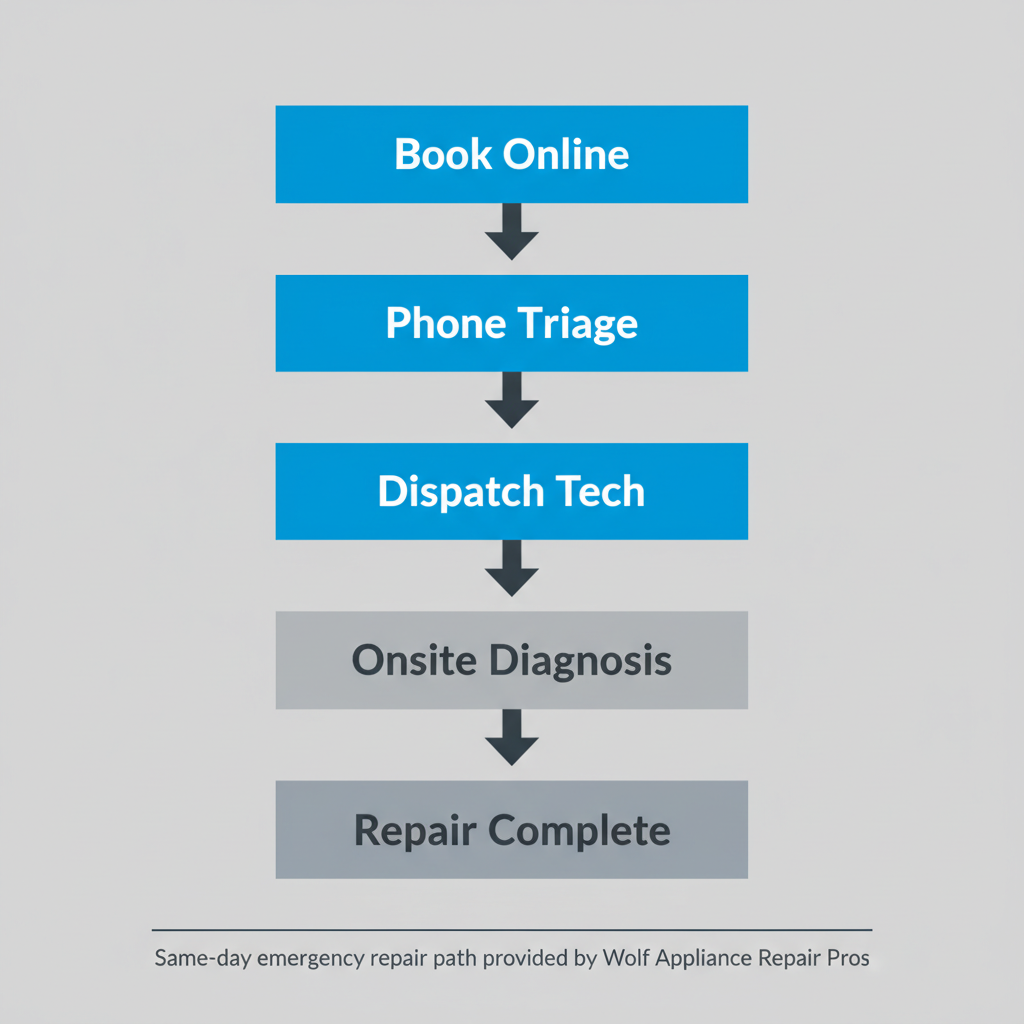 Vertical process flow illustrating the emergency appliance repair service steps from booking to completion provided by Wolf Appliance Repair Pros.