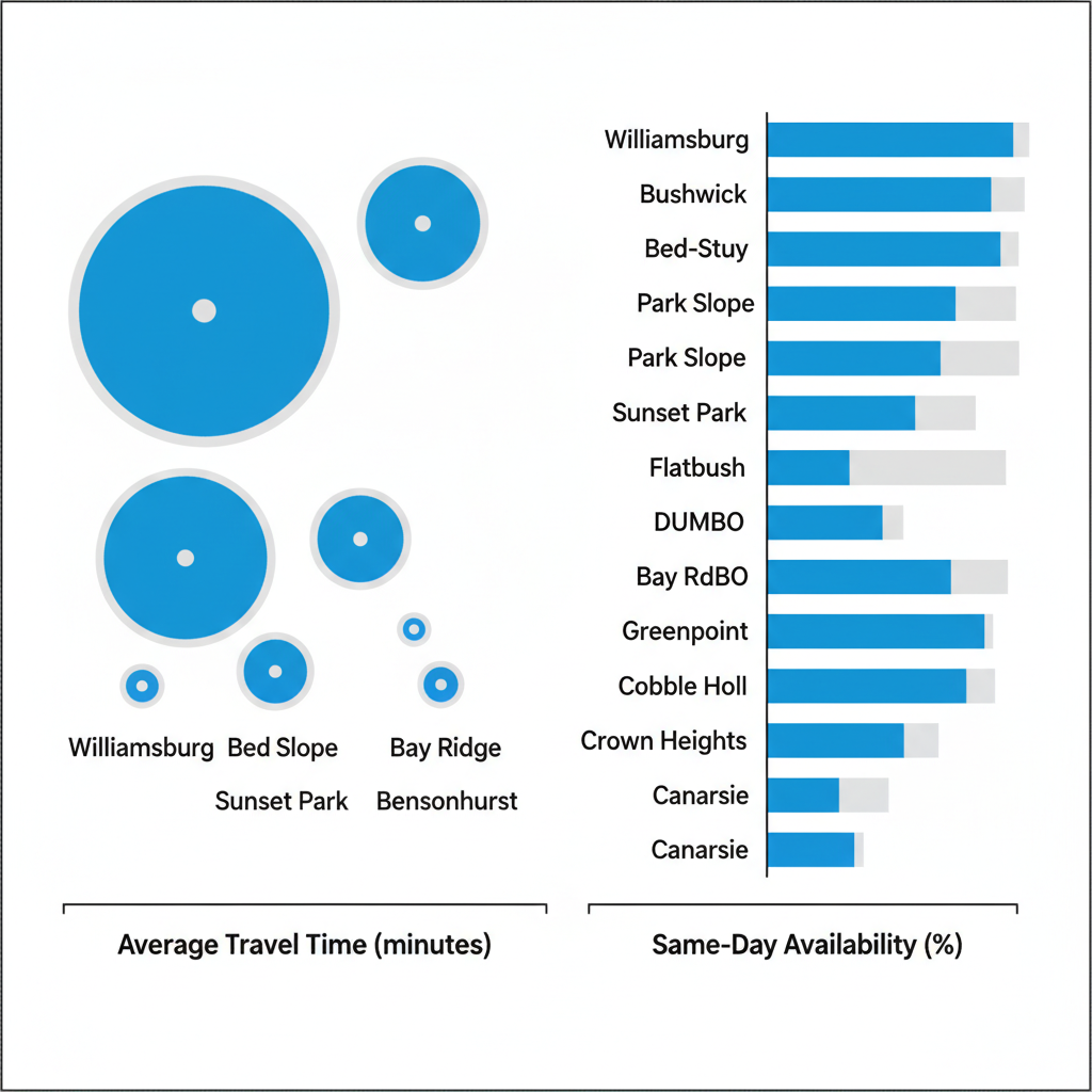 Landscape data visualization illustrating average response times and same-day service availability percentages across different Brooklyn neighborhoods.