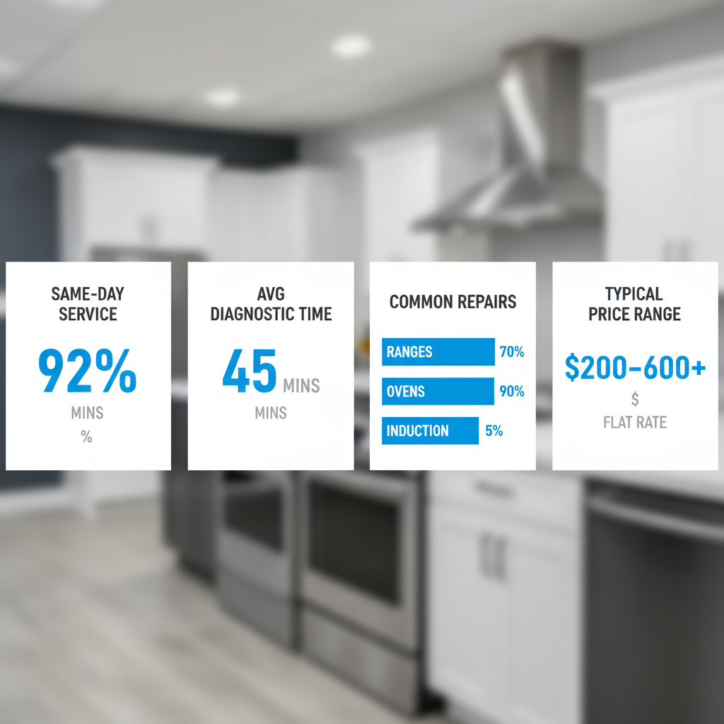 Infographic showing quick facts about Wolf appliance repair services, including same-day availability, diagnostic time, and common repair types in Redmond.