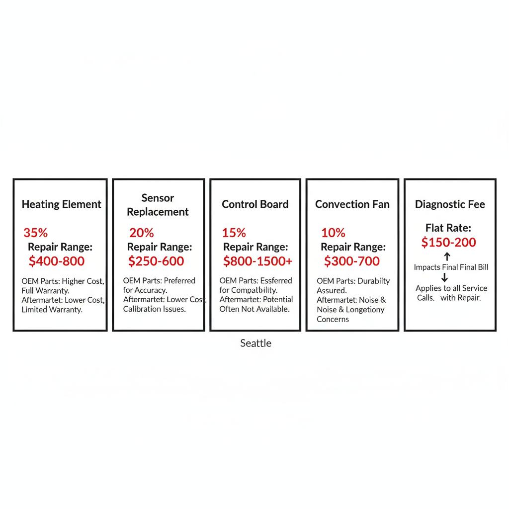 Infographic showing estimated repair costs for common Wolf oven failures in Seattle, including heating element, sensor, control board, convection fan, and diagnostic fee, with notes on OEM parts and warranty implications.