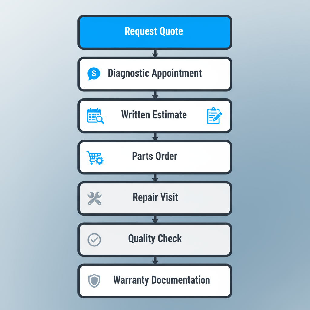 A vertical process flow illustrating the 7 steps of the Wolf Appliance Repair Pros service request process, from quote to warranty.