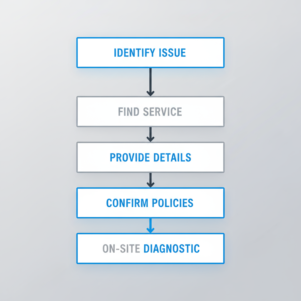 Vertical process flow showing five steps to schedule a Sub-Zero appliance repair service, from identifying the issue to on-site diagnostics.