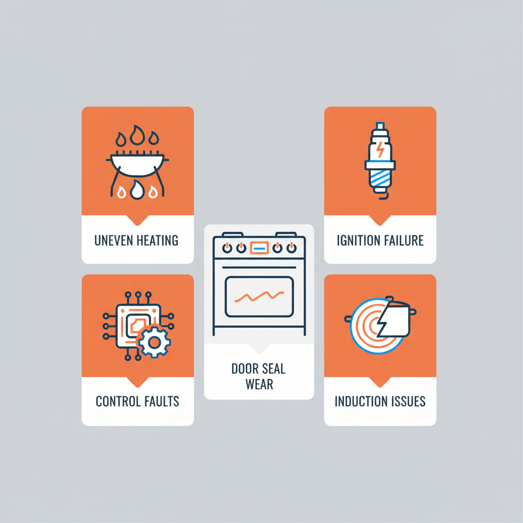 Infographic showing common problems with Wolf appliances like uneven heating and ignition failure, with diagnostic tips.