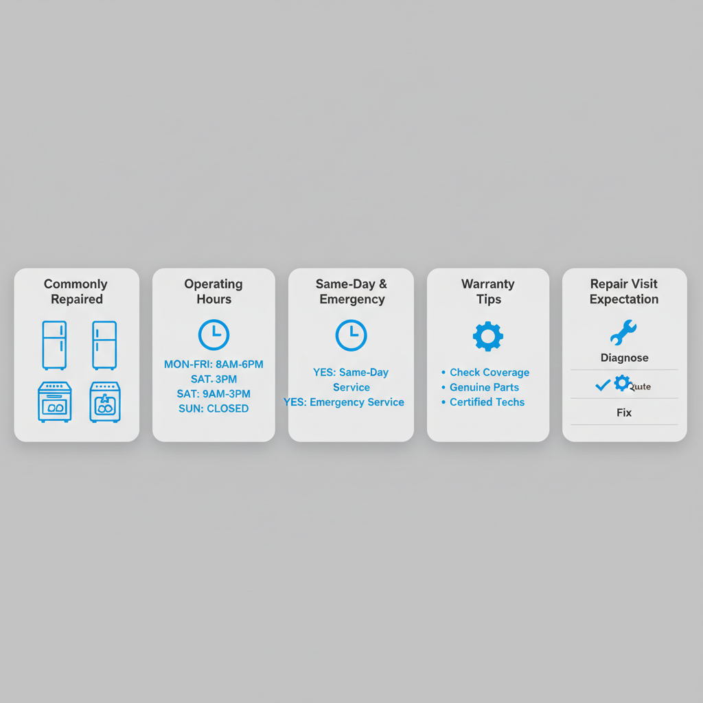 Infographic summarizing Sub-Zero appliance repair services on Mercer Island including common repairs, operating hours, and warranty preservation.
