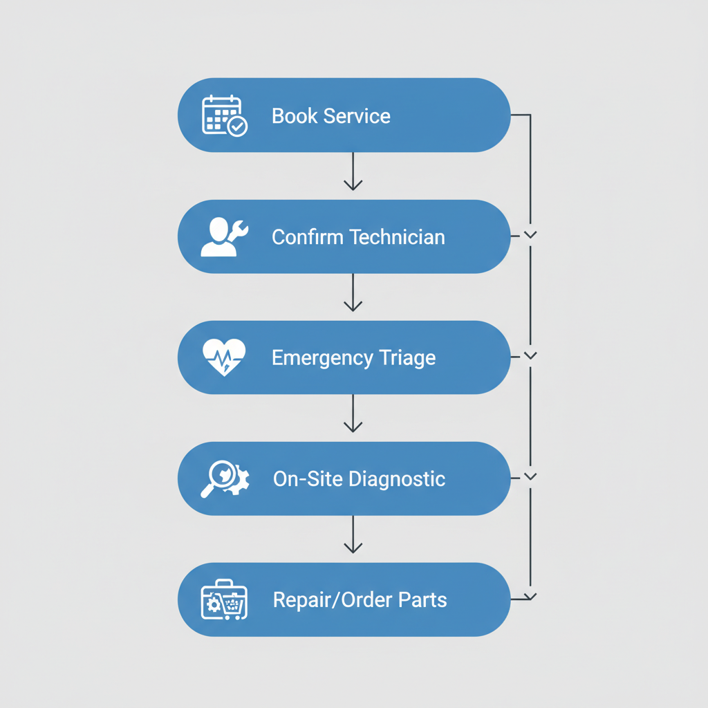 A vertical process flow illustrating the stages of scheduling an appliance repair service, from booking to completion.