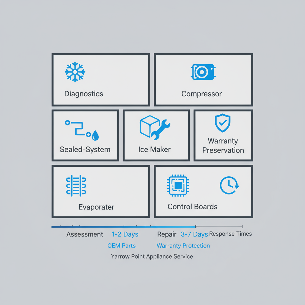 Infographic detailing Sub-Zero appliance repair services in Yarrow Point, including diagnostics, parts, warranty, and response times.