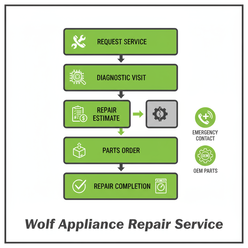 Vertical process flow showing the steps for Wolf appliance repair service, from request to completion