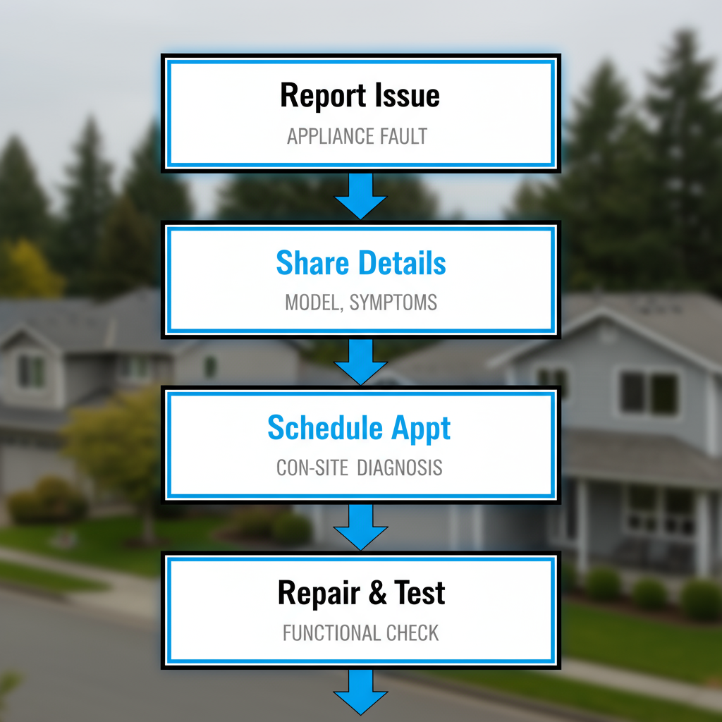 Vertical process flow showing 5 steps to book appliance repair service for Wolf appliances, emphasizing quick local service.