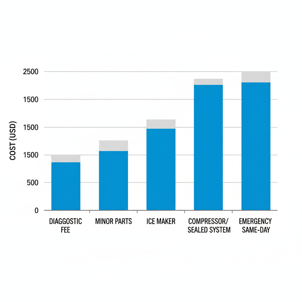 Bar chart illustrating typical repair cost ranges for Sub-Zero refrigerators in Clyde Hill, including diagnostic fees, minor parts, ice maker, compressor, and emergency service premiums.