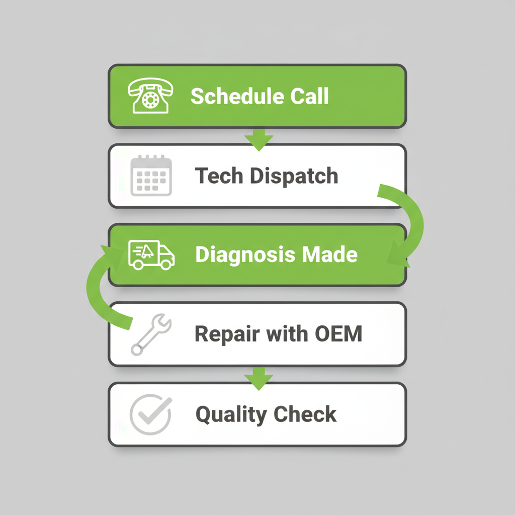 Vertical process flow showing five steps: scheduling a call, technician dispatch, diagnosis, repair with OEM parts, and a quality check, each represented by a simple icon, illustrating the service process for Wolf appliances.