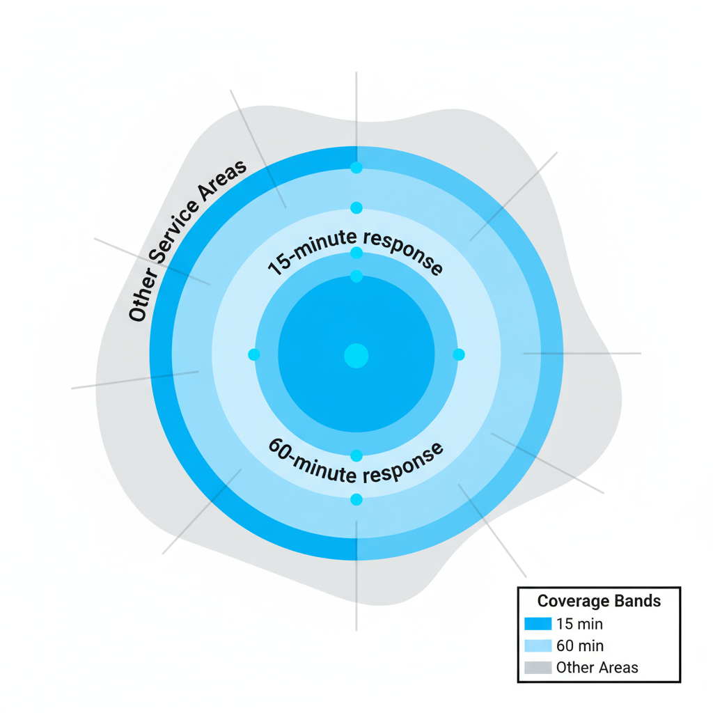 Illustrative map showing service area coverage for appliance repair, with color-coded response time bands around Hunts Point, Seattle metro.