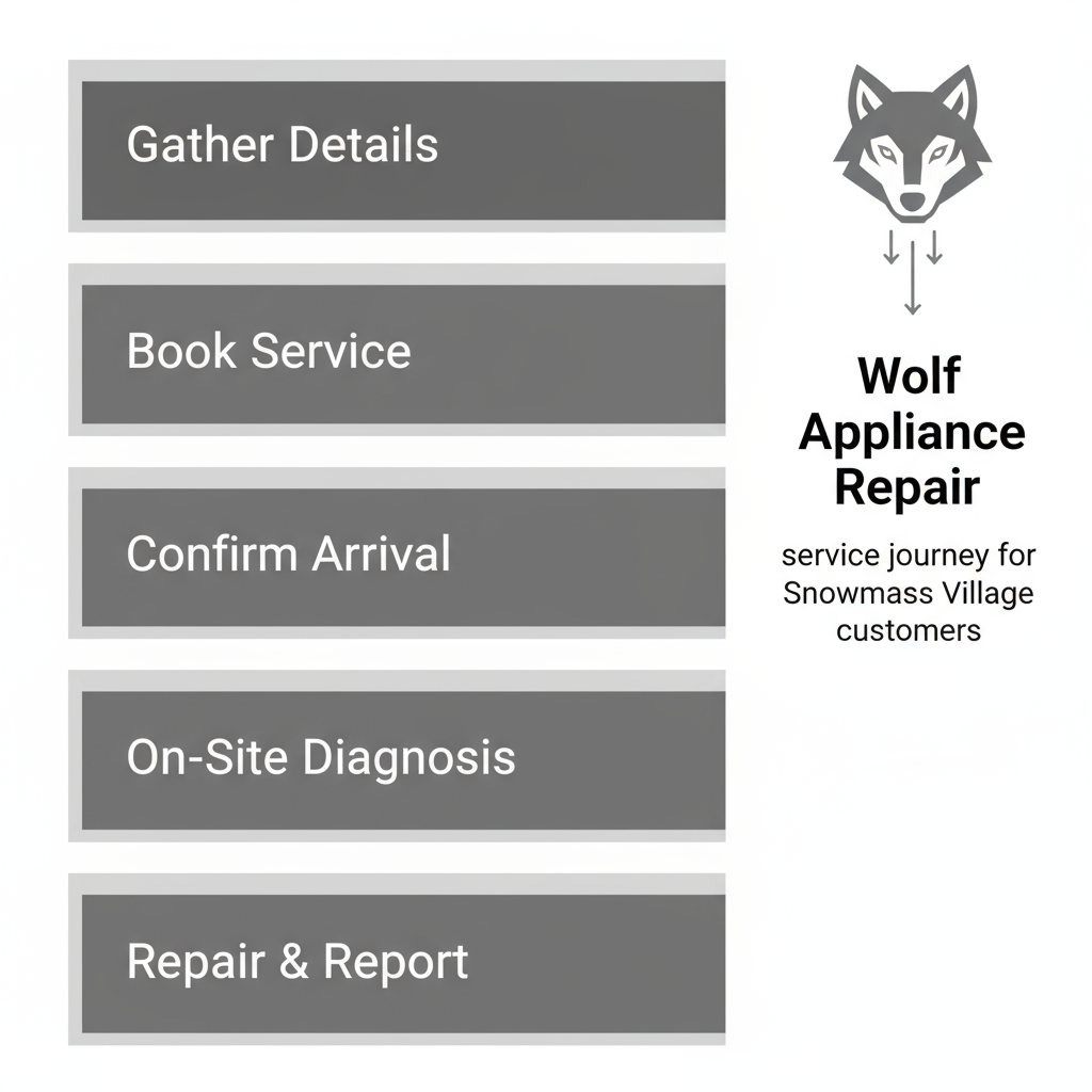 A 5-step vertical process flow showing the Wolf Appliance Repair Pros service request and delivery process.
