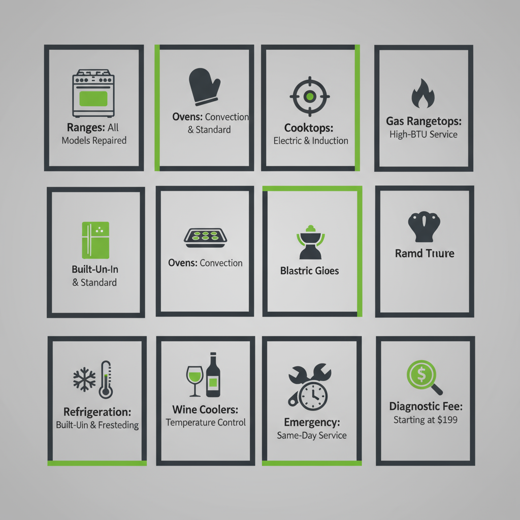 Infographic detailing localized Wolf appliance repair services, including types of appliances repaired, emergency services, and typical diagnostic fees.