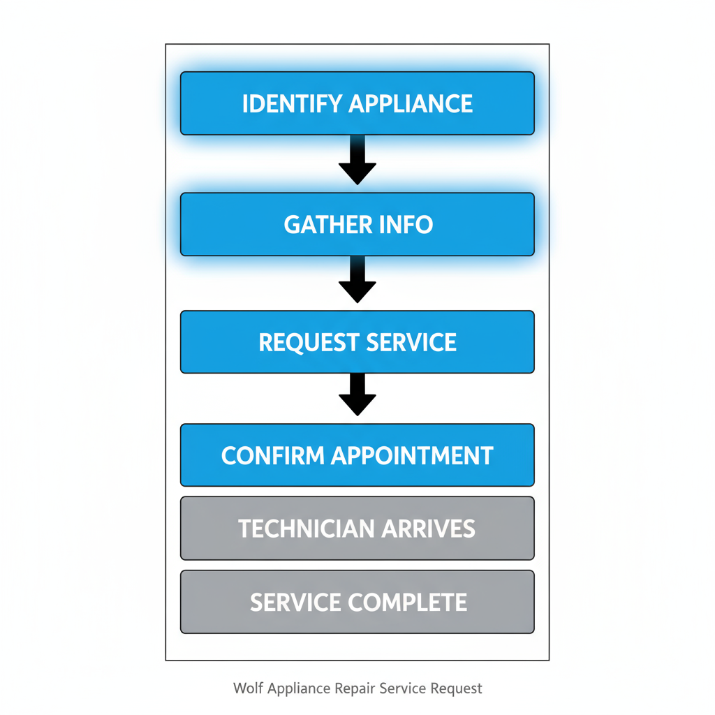 Vertical process flow illustrating the six steps to request service from Wolf Appliance Repair Pros, from identifying the issue to service completion.