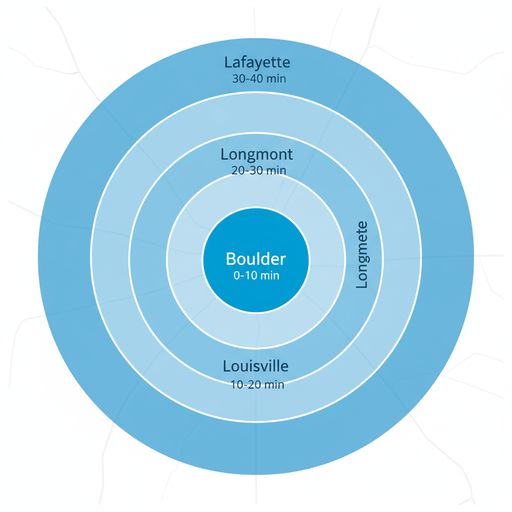 Map-style visualization showing service areas for Wolf Appliance Repair Pros in Boulder, Louisville, Longmont, and Lafayette with distance radii and drive times.