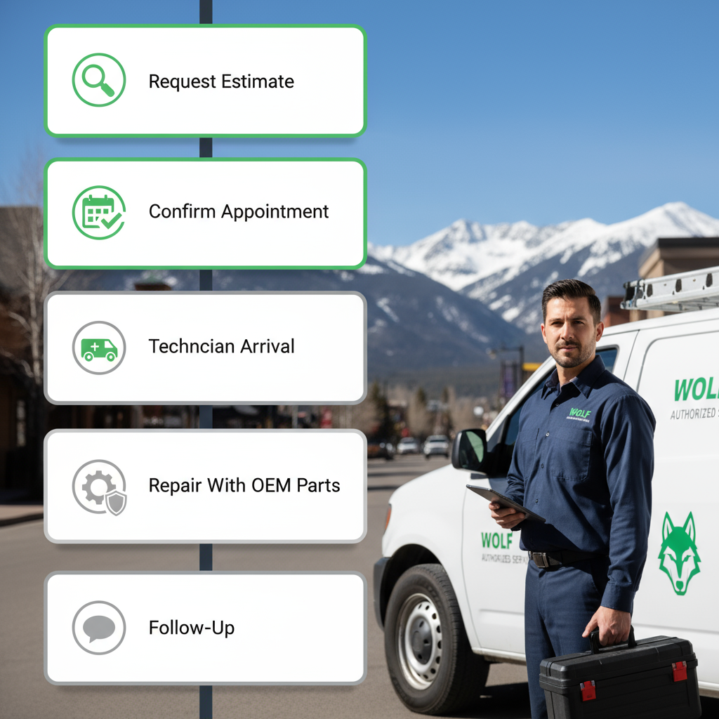 A vertical process flow depicting 6 steps of a Wolf appliance repair service, from requesting an estimate to follow-up, with photorealistic icons for each stage.