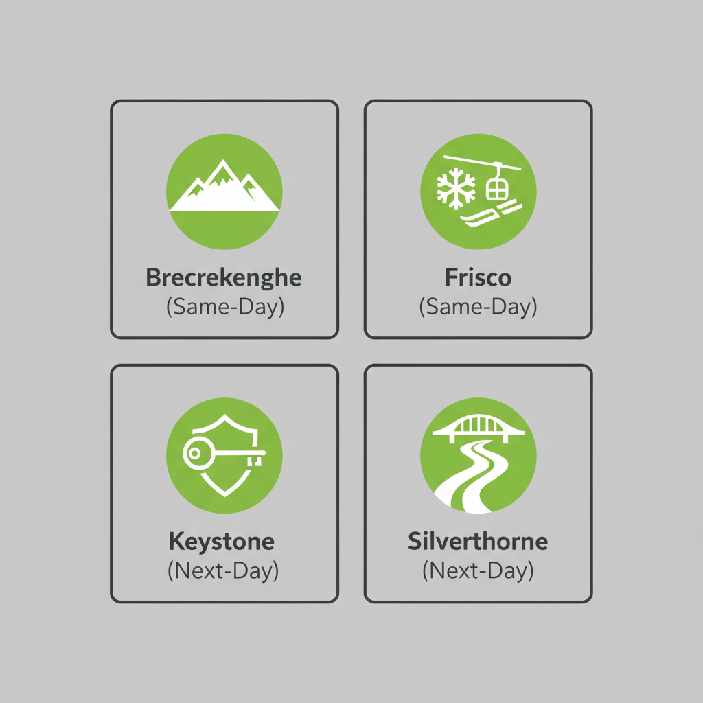 Icon set showing service coverage for Breckenridge, Frisco, Keystone, and Silverthorne with response times.