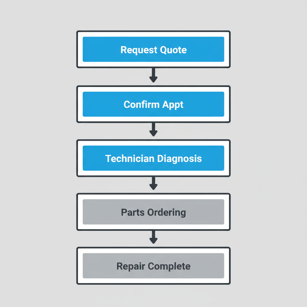 A vertical process flow diagram illustrating the five steps of the Wolf appliance repair service, from requesting a quote to repair completion.