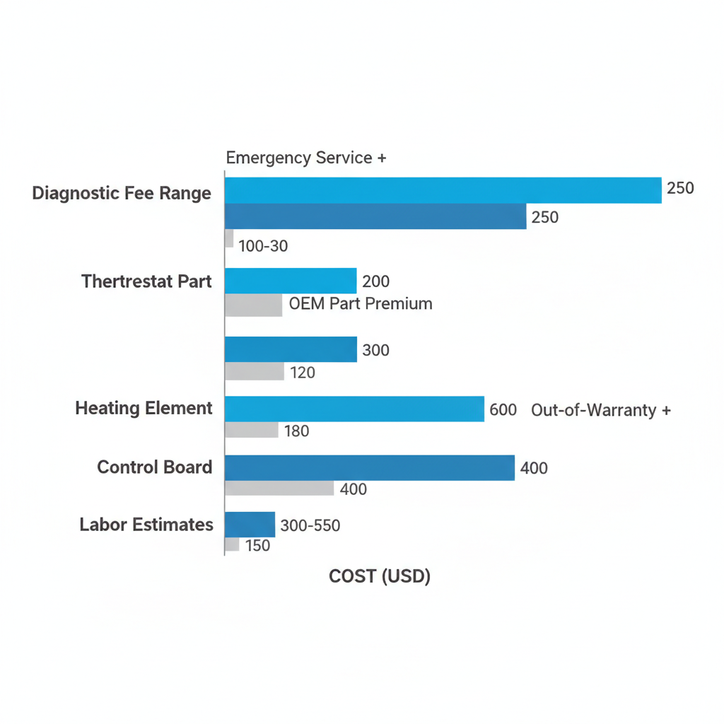Landscape bar chart detailing typical cost breakdown for Wolf oven repairs in Avon, including diagnostic fees, common part costs, and labor estimates.