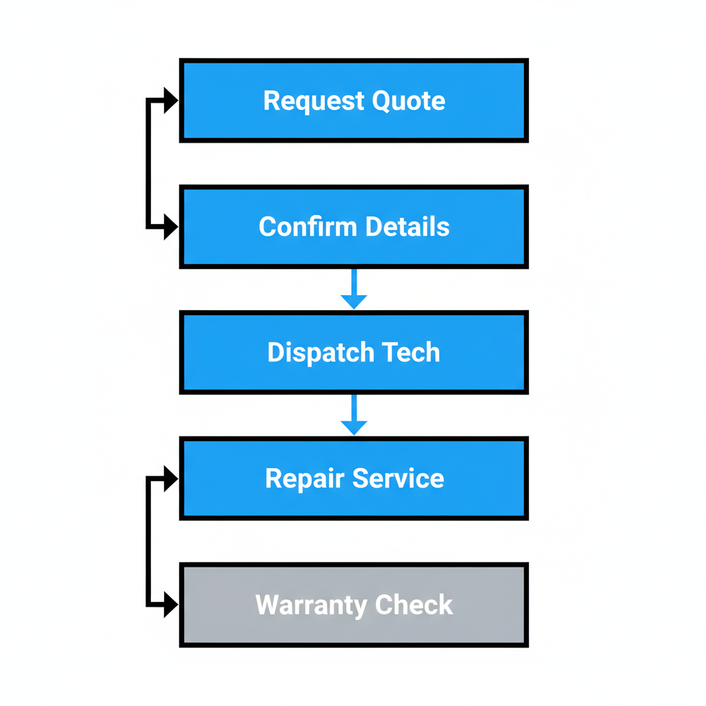Vertical process flow showing 5 steps for scheduling and completing a Wolf appliance repair in Aspen.