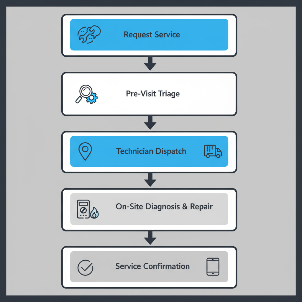 An illustration showing the five-step process for Wolf oven same-day repair, including request, triage, dispatch, diagnosis, and confirmation.
