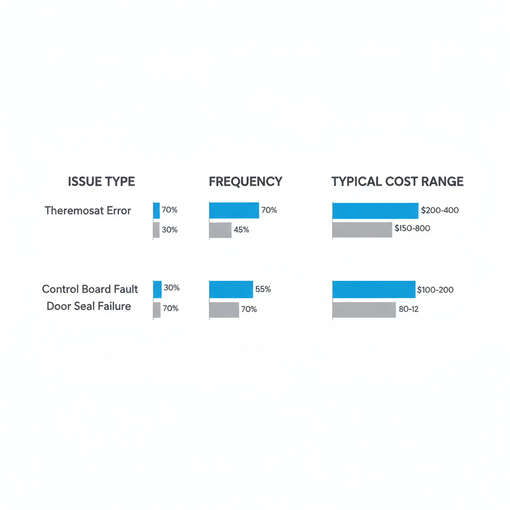 Bar chart visualizing common Wolf oven issues like thermostat errors, control board faults, and door seal failures, paired with their typical repair cost ranges.