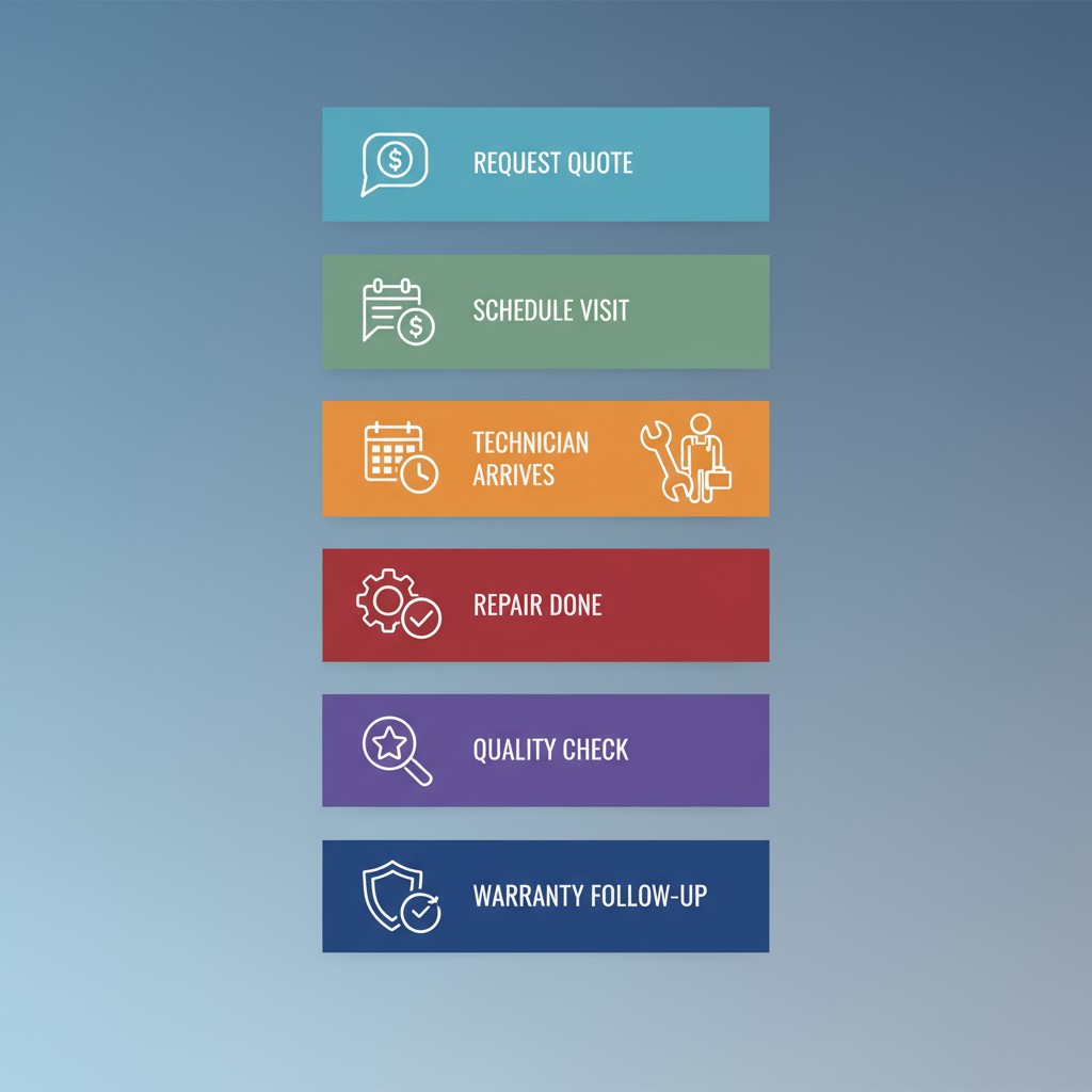 Vertical process flow illustrating the six steps of a Wolf Appliance Repair Pros service call, from initial quote request to warranty follow-up.