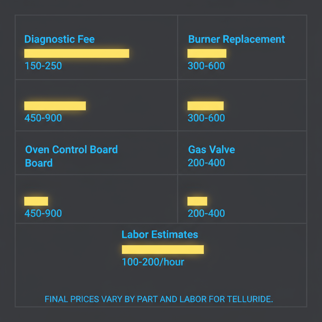 Bar chart visualizing typical repair cost ranges for Wolf appliance services in Colorado, including diagnostic fees and prices for common part replacements.