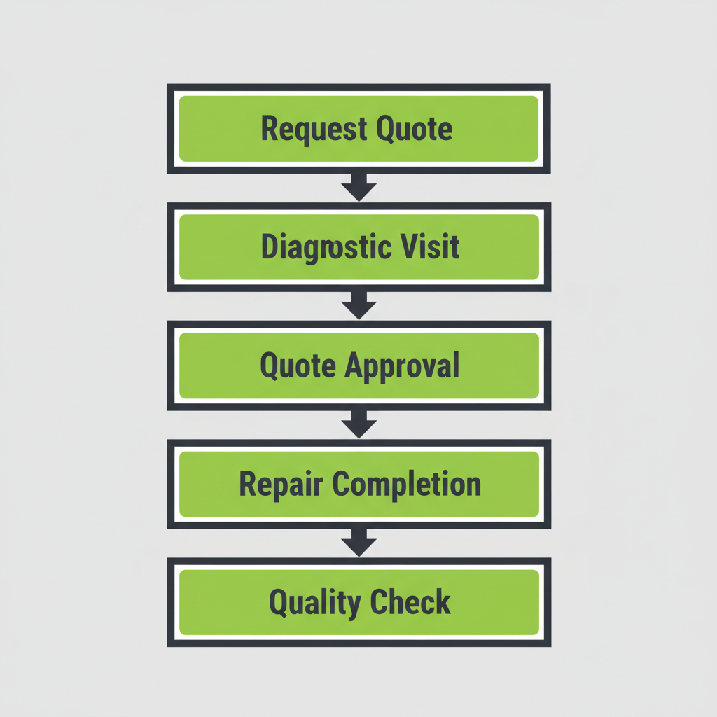 Vertical process flow showing five steps for Wolf stove repair, from requesting a quote to quality check.