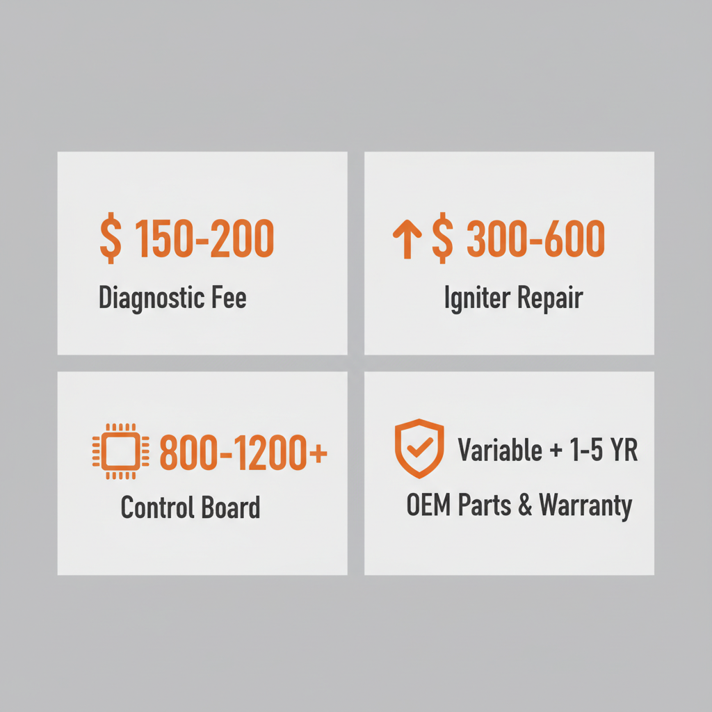 Infographic showing a breakdown of Wolf appliance repair costs including diagnostic fees, common part repairs, and the value of OEM parts and warranty.