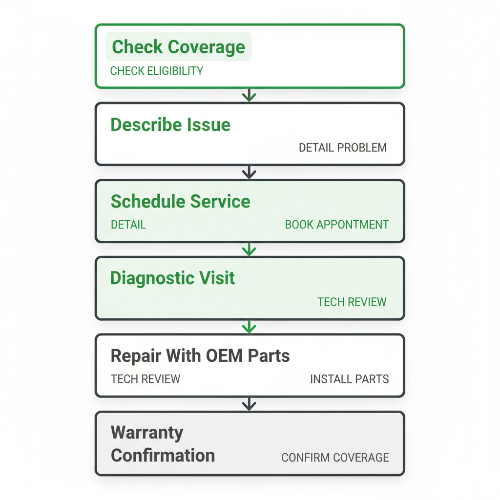 A vertical process flow diagram illustrating six stages for scheduling appliance repair services: Check Coverage, Describe Issue, Schedule, Diagnostic Visit, Repair, and Warranty.