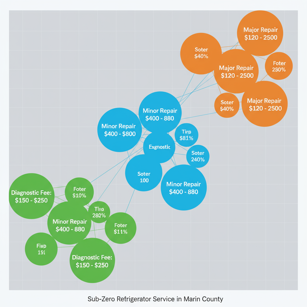 Infographic showing typical repair cost ranges for Sub-Zero refrigerator faults, including diagnostic fees, minor repairs, and major compressor replacements.
