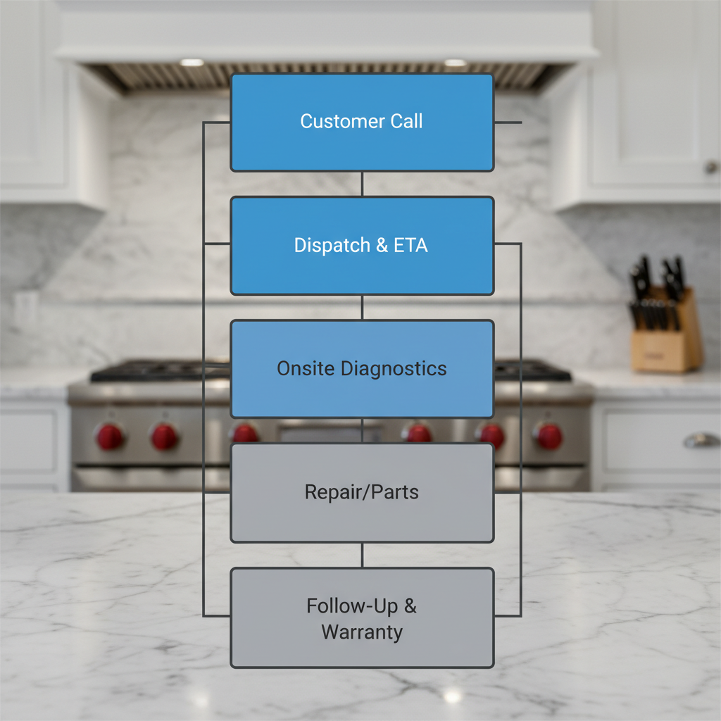 Vertical process flow showing 5 steps for a Wolf appliance repair service visit.