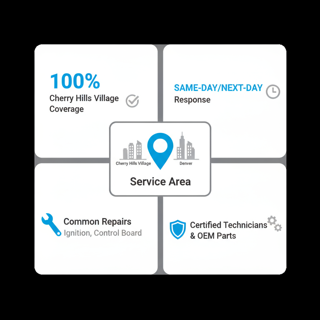 Infographic detailing Wolf Appliance Repair Pros' local service coverage in Cherry Hills Village and Denver, showing response times and repair specializations.