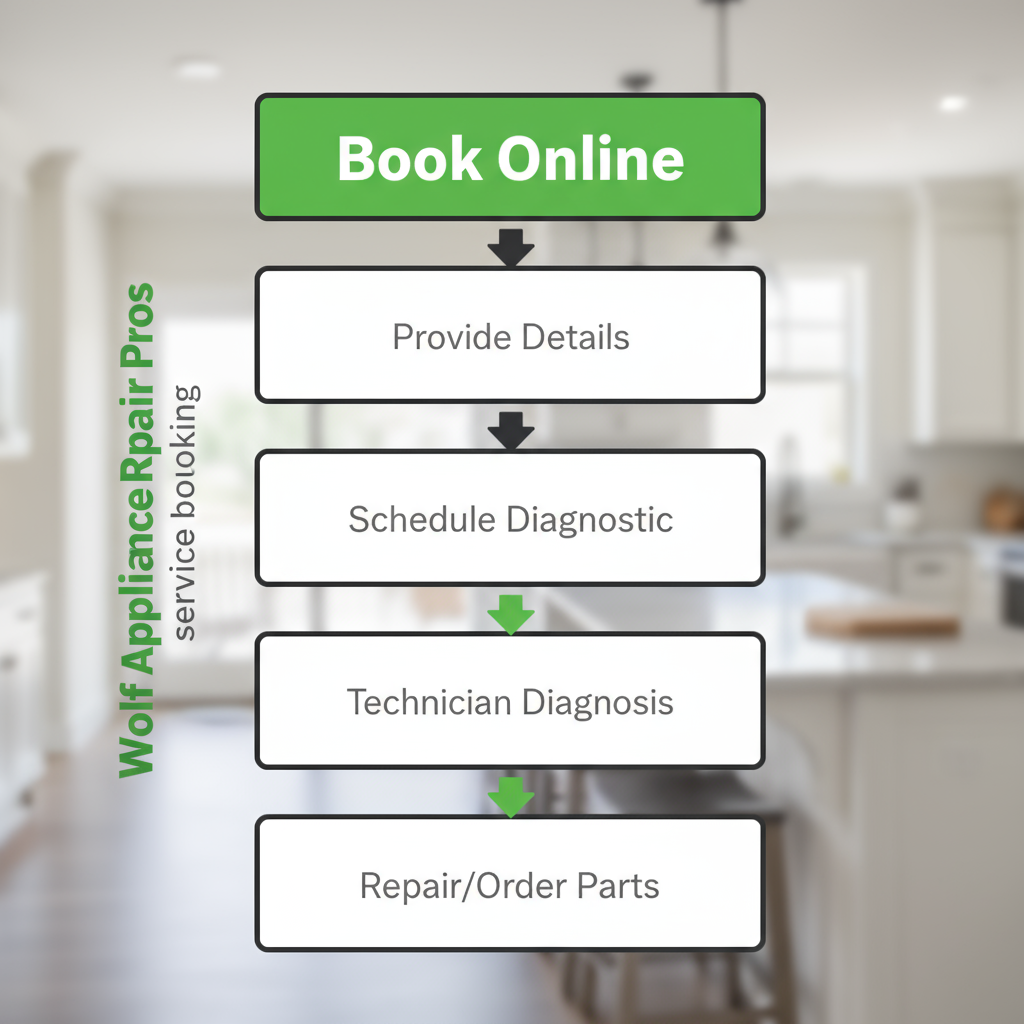 Vertical process flow illustrating the 5 steps to book appliance repair service, from online booking to diagnosis and repair.