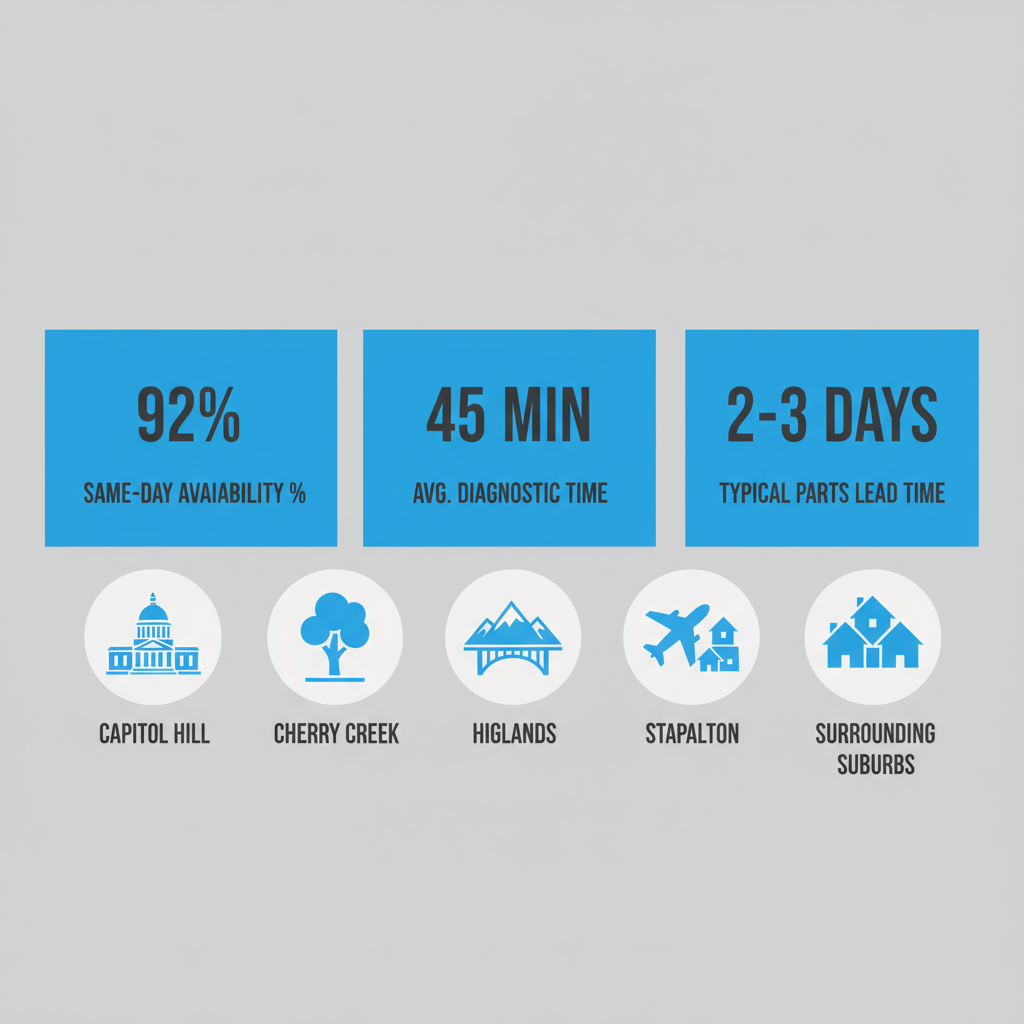 Data visualization showing appliance repair service metrics and neighborhood icons for Denver region.