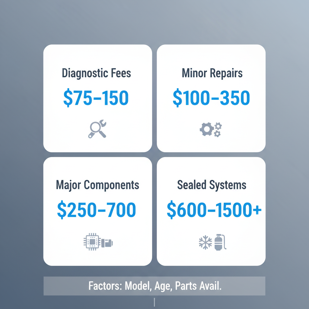 Infographic showing typical repair cost ranges for Wolf appliances, including diagnostic fees and tiered repair costs for different service levels.